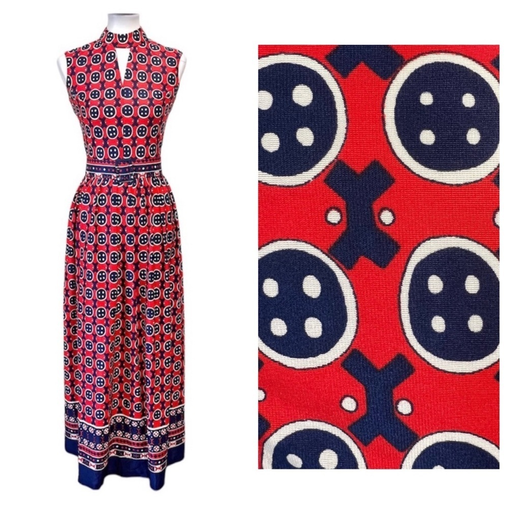 Vintage Retro MCM Mid Century Mod Button Crossstitch Print Maxi Dress